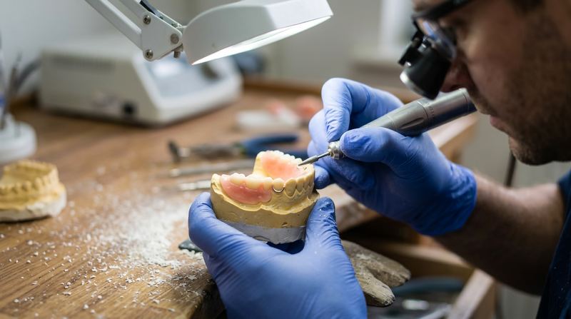 Especialista con lupas de aumento reparando una dentadura